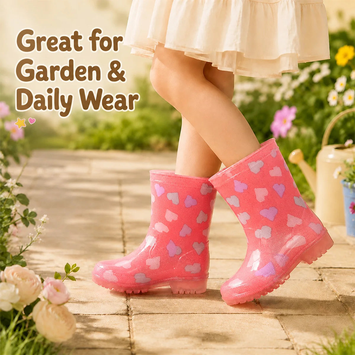 Cute Pink Heart Pattern Toddler Rain Boots Sparkly Transparent Kids Water Boots Outdoor Walking Galoshes