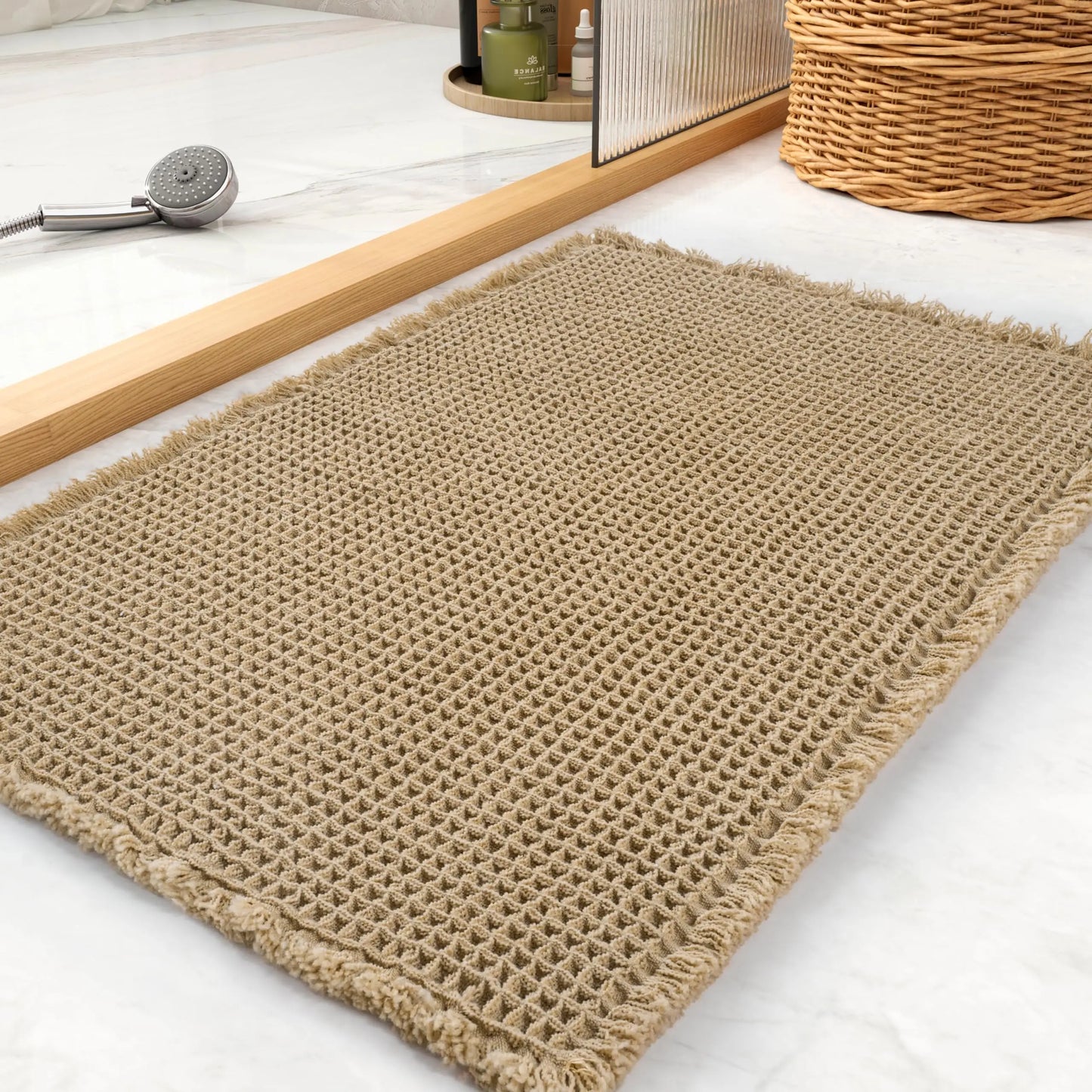 Waffle Bath Mat Boho Non Slip Washable Absorbent Quick Dry