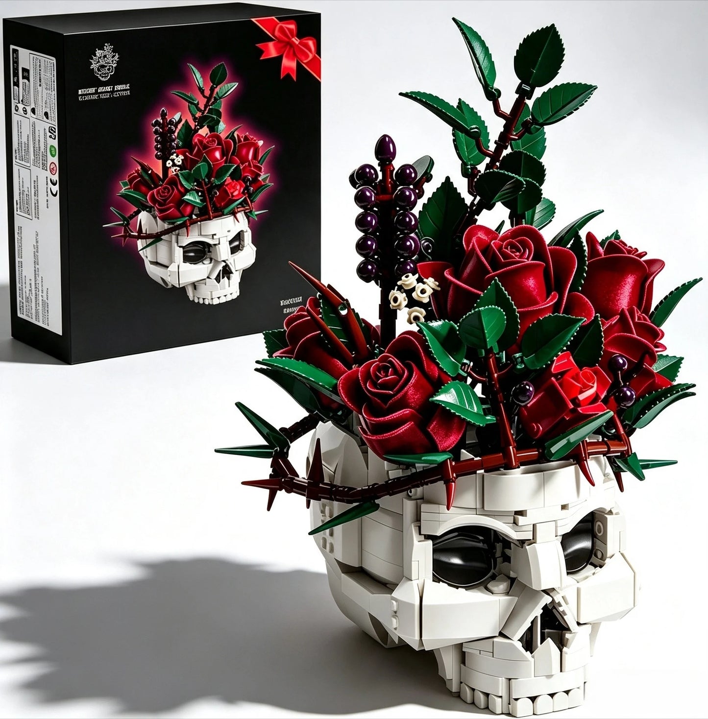 Gothtic Skull Flowers Roses Building Blocks Set for Adults, Horror Skeleton with Red Bouquet Botanical Collection Home Art Decor Gift for Women Girls Halloween Valentine's Day for Adult 1107pcs