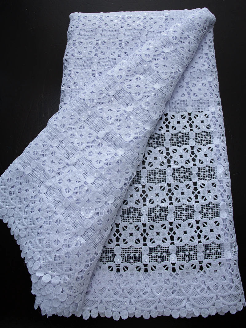 Pure White Nigerian Guipure Lace Fabric Water Soluble African Sequin Cord