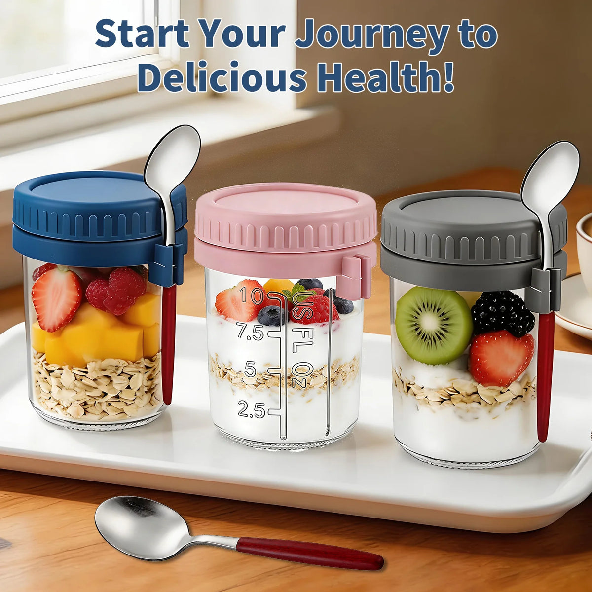 16oz Overnight Oats Jars with Lid and Spoon, Leak Proof Glass Breakfast Cup with Measurement, Portable Yogurt Cereal Container for Travel Office