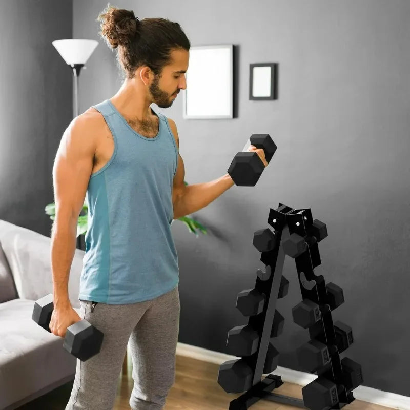 RitFit Rubber Hex Dumbbell Set With Rack 250-650 Lb