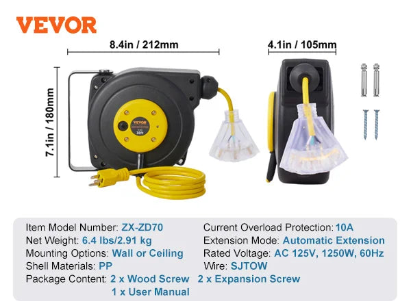 SucceBuy Automatic Retractable Extension Cord Reel With Triple Tap Outlet