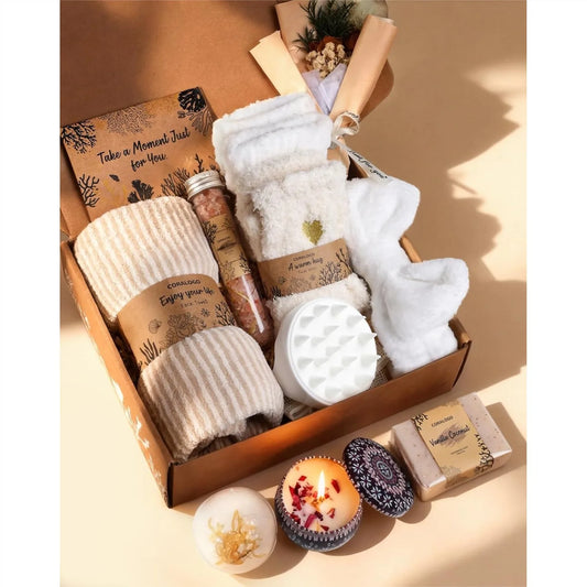 Natural Spa Gift Baskets 11pcs for Women Mom Wife - Self Care Pampering Set with Bath Bombs, Salts, Candle, Soap, Socks
