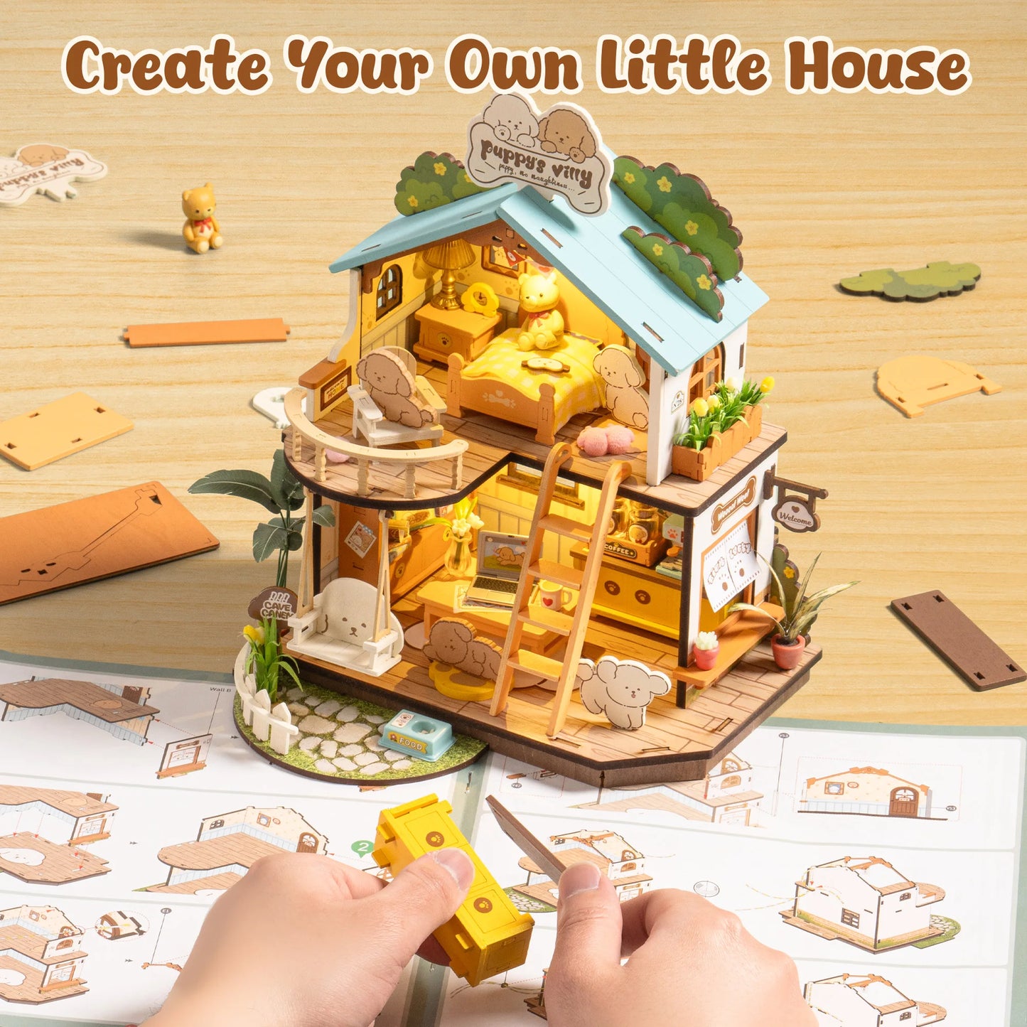 Rolife DIY Miniature House Kit Puppy's Cozy Villa Mini 3D Wooden Puzzle Dollhouse Model Building Kit Gift for Teens Kids Friends