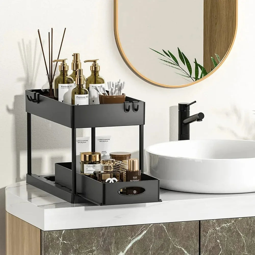 Two Tier Under Sink Sliding Cabinet Organizer Rack With Hooks