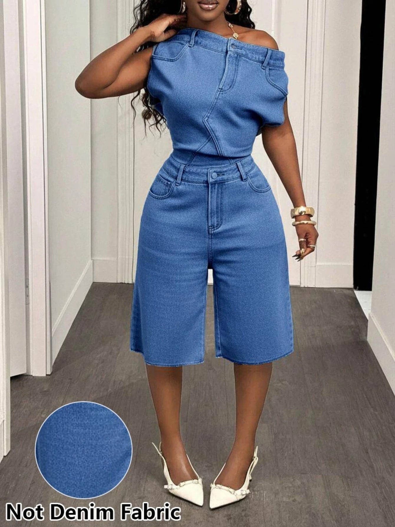 Women's Off Shoulder Sleeveless Fitted Top Matching Loose Knee Length Shorts For Street Daily Weekend Urban Casual Fashion Occasions