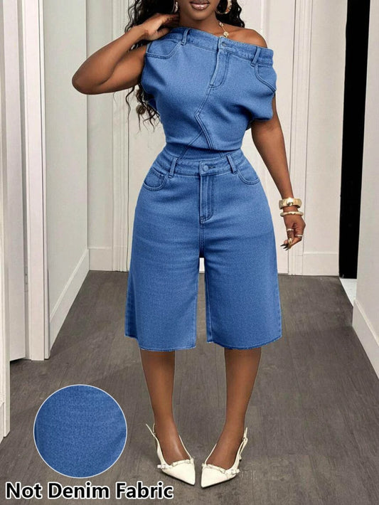 Women's Off Shoulder Sleeveless Fitted Top Matching Loose Knee Length Shorts For Street Daily Weekend Urban Casual Fashion Occasions