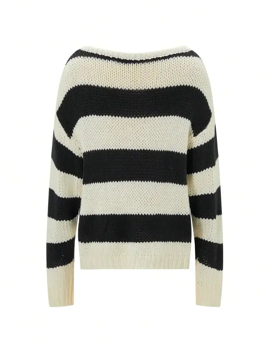 Womens Striped Knit Sweater Drop Shoulder Long Sleeve Loose Fit O-Neck Top