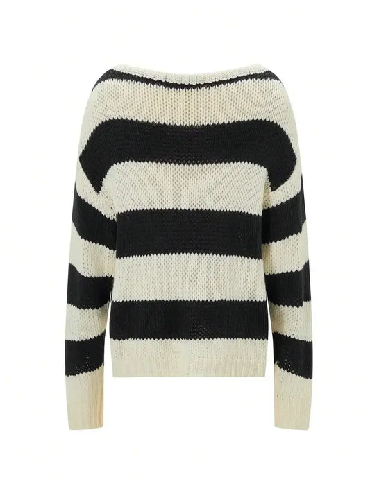 Womens Striped Knit Sweater Drop Shoulder Long Sleeve Loose Fit O-Neck Top