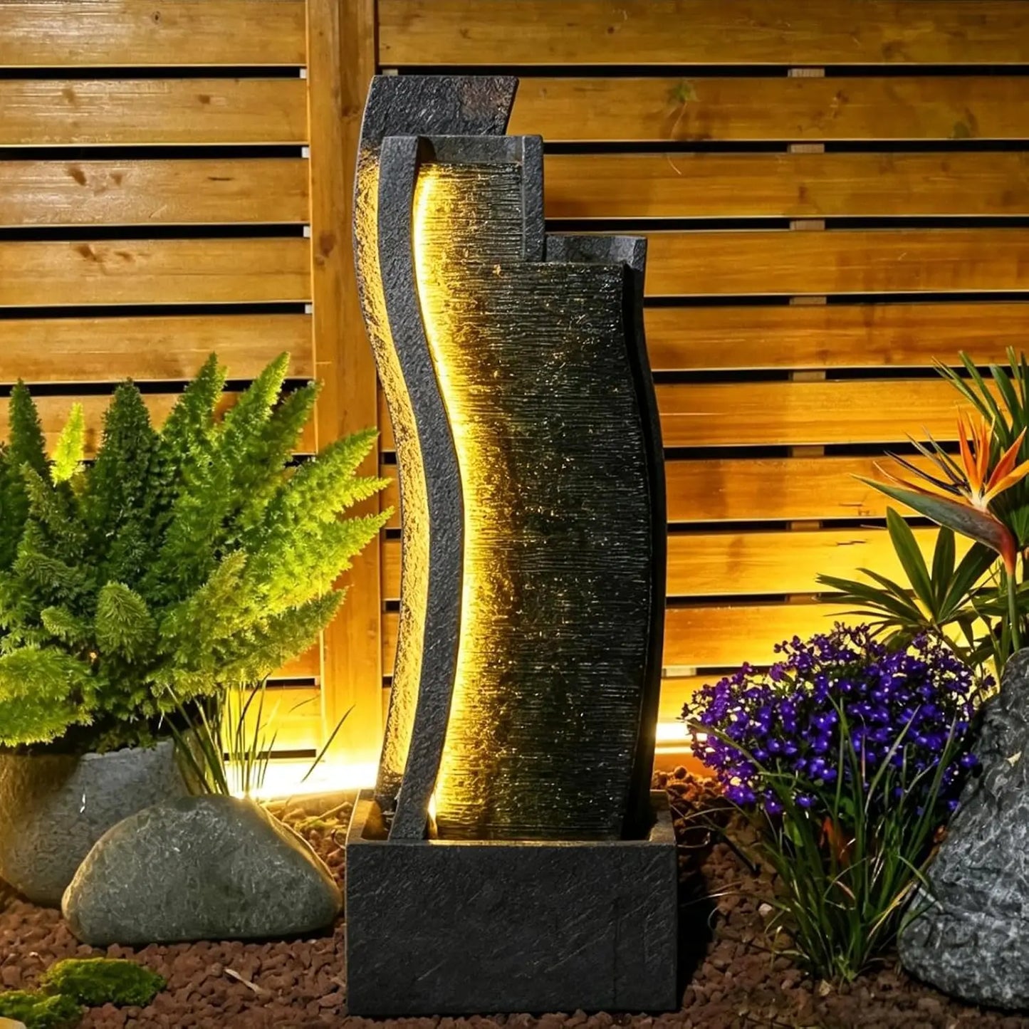 43H Modern Outdoor Water Fountain with LED Light Garden Cascading Curved Waterfall Feature for Indoor or Outdoor, Customized
