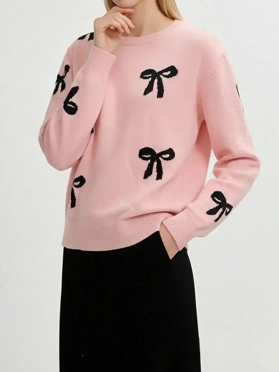 Womens Knit Sweater Long Sleeve Round Neck Bow Decorated Loose Fit Pullover