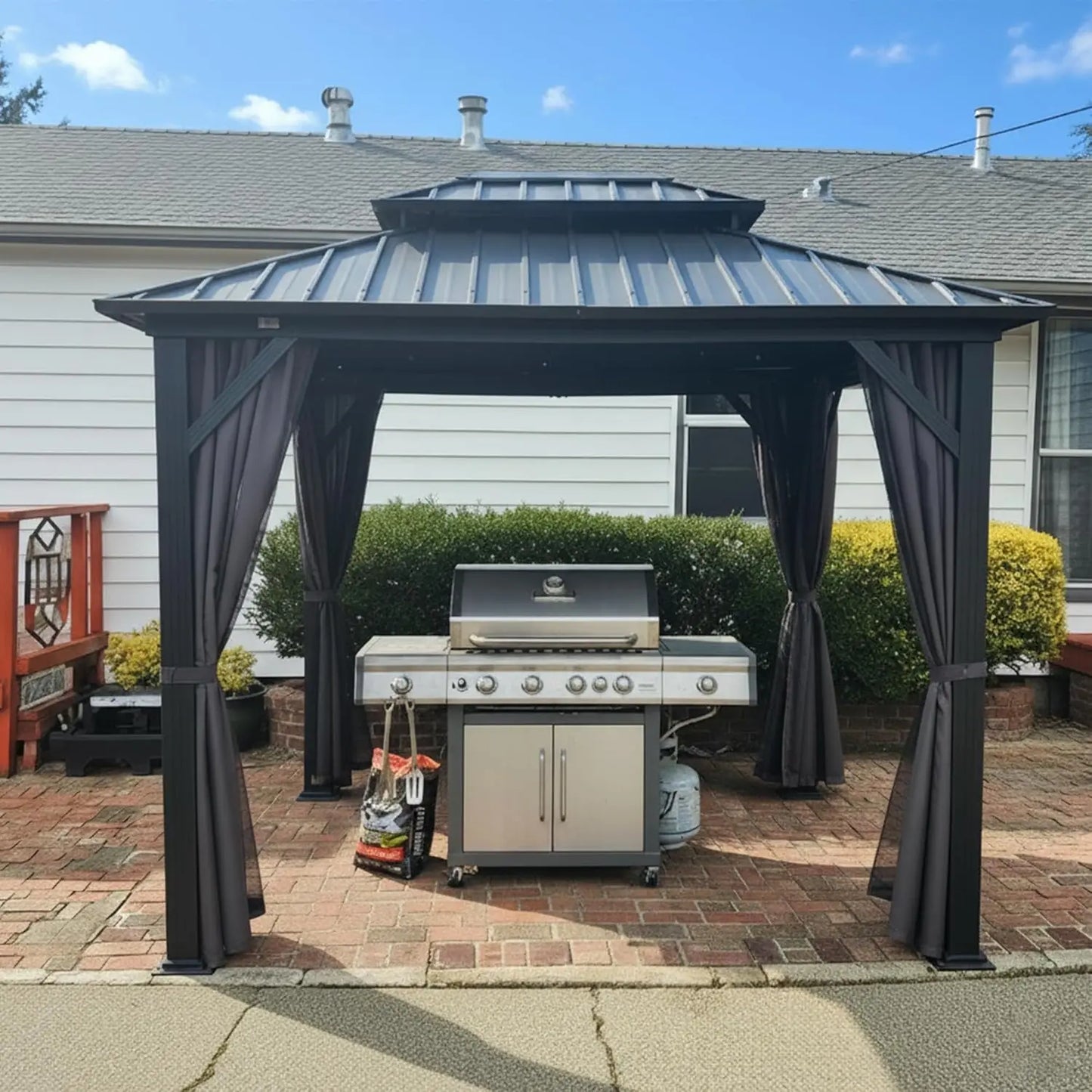 8x10 Permanent Hardtop Gazebo Galvanized Steel Double Roof Aluminum Frame Netting & Curtains Patio Lawn Garden, Custom