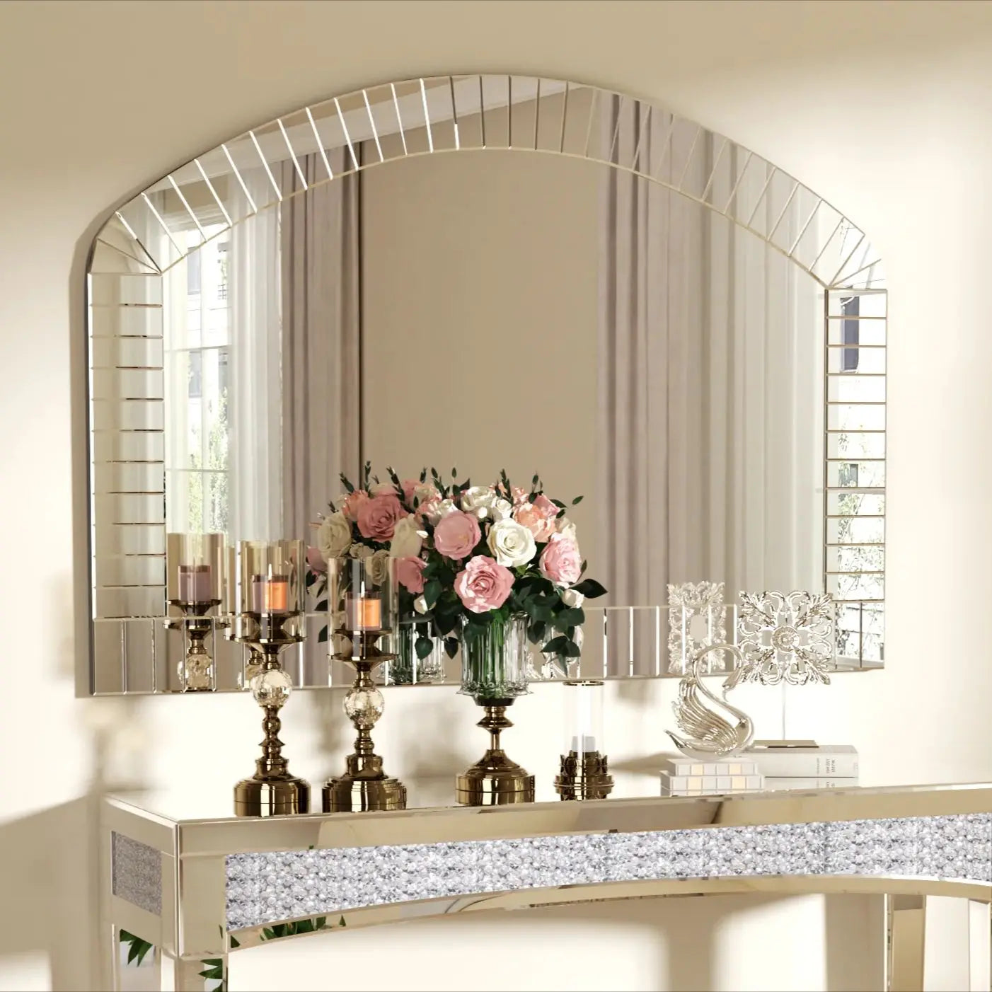 Extra Large Arched Wall Mirror, Silver Glass, Venetian Accent Mirror, Home Living Room Decor, Bling Beveled Edge