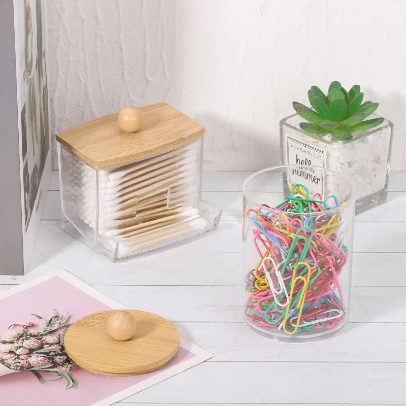 4Pcs Bamboo Bathroom Accessories Set, Clear Toothbrush Holder Plastic Soap Dispenser and 2 Qtip Holder Cotton Swab/Pad/Ball Container Jar