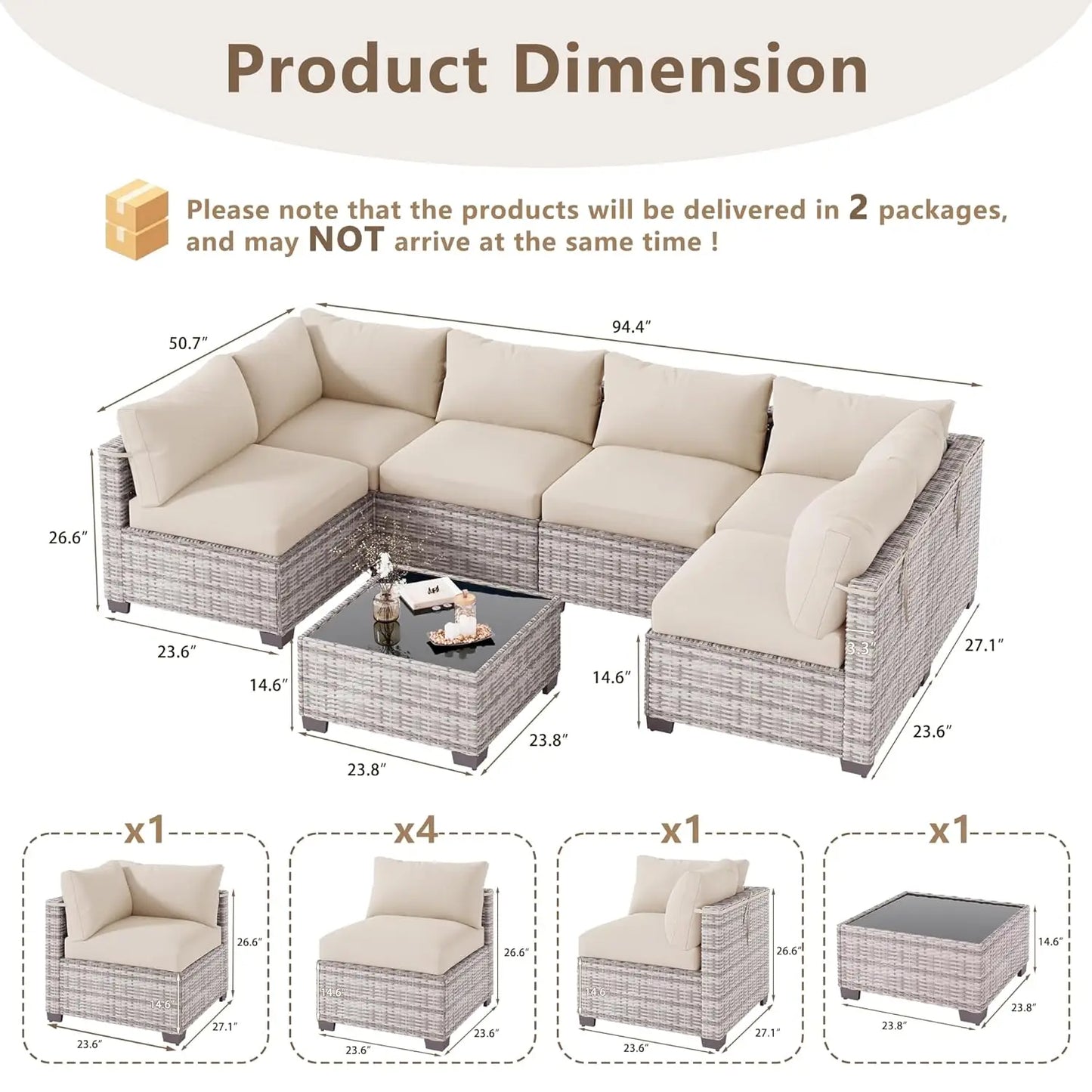 7 Piece Outdoor Patio Furniture Set, Outdoor Sectional Sofa, Wicker Rattan Patio Furniture, Patio Conversation Set with, Custom