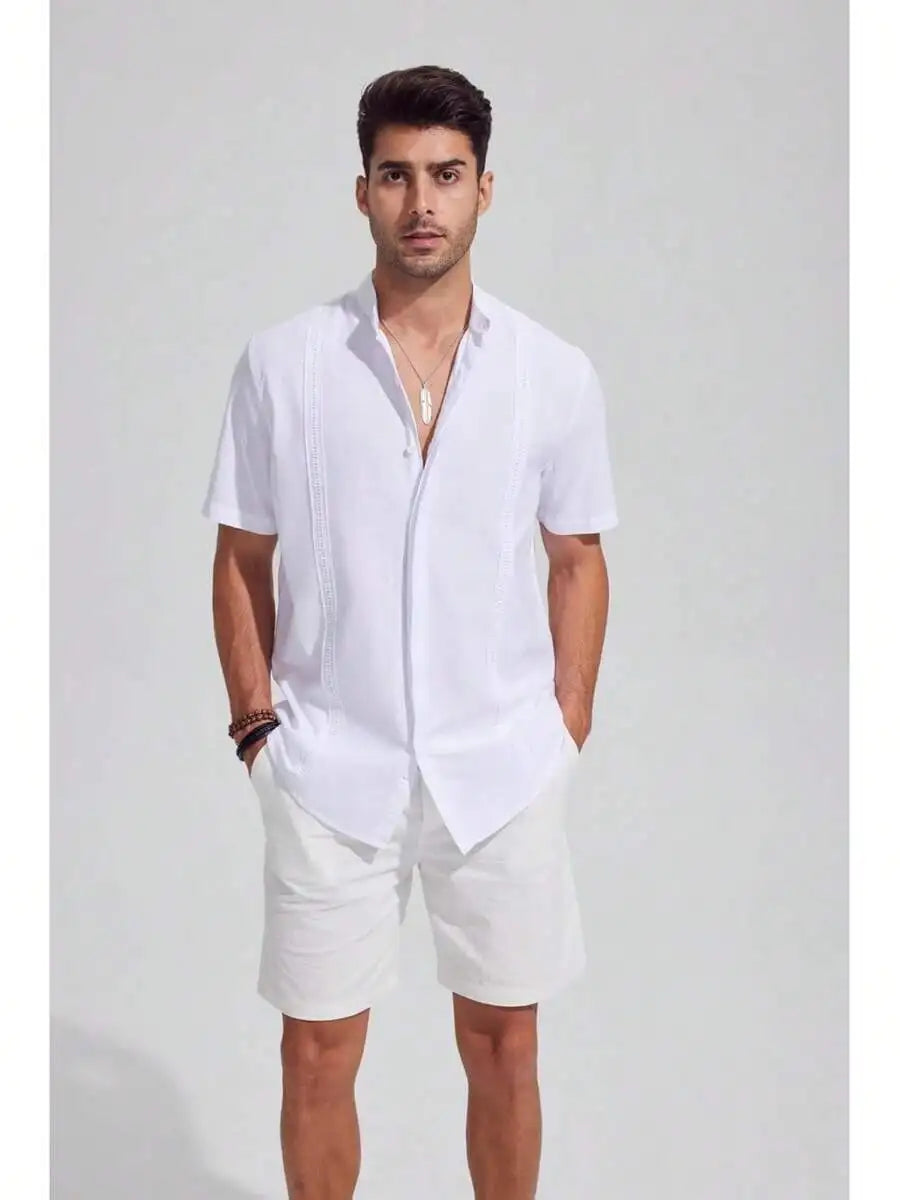 Mens Casual Linen Button Down Short Sleeve Shirt Beach Summer Spread Collar
