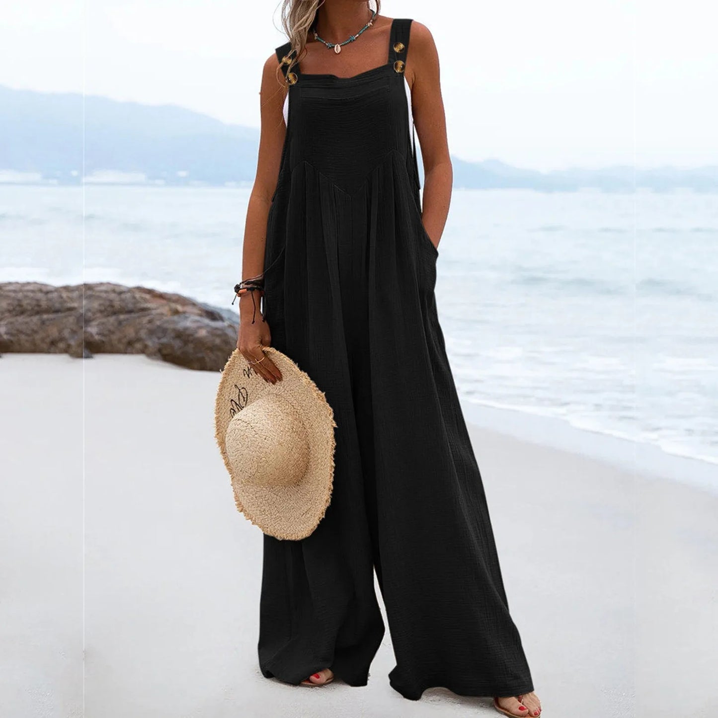 Womens Dressy Casual Solid Jumpsuit With Pockets Straps
