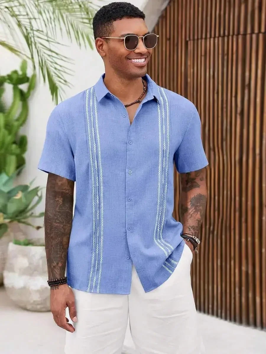 Mens Short Sleeve Button Up Shirt Casual Embroidered Linen Blend Summer Beach Wedding