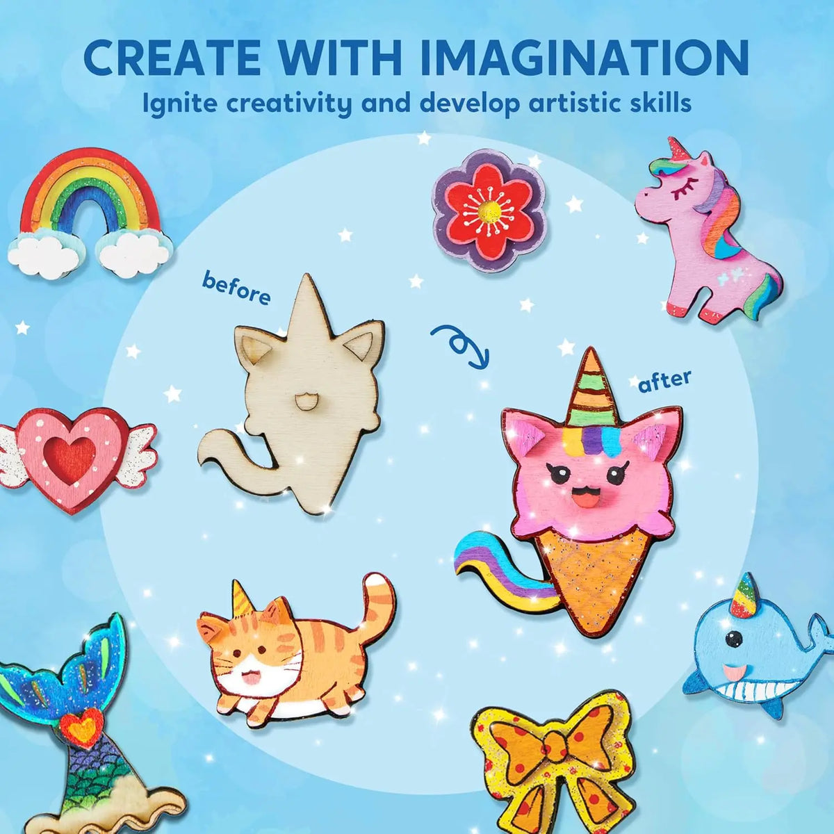 JOYFY 12 pcs Fantasy Wooden Magnets Unicorn Painting Craft Spring and Rainy Day ActivitiesToys for Kids Birthday Chirstmas Gift