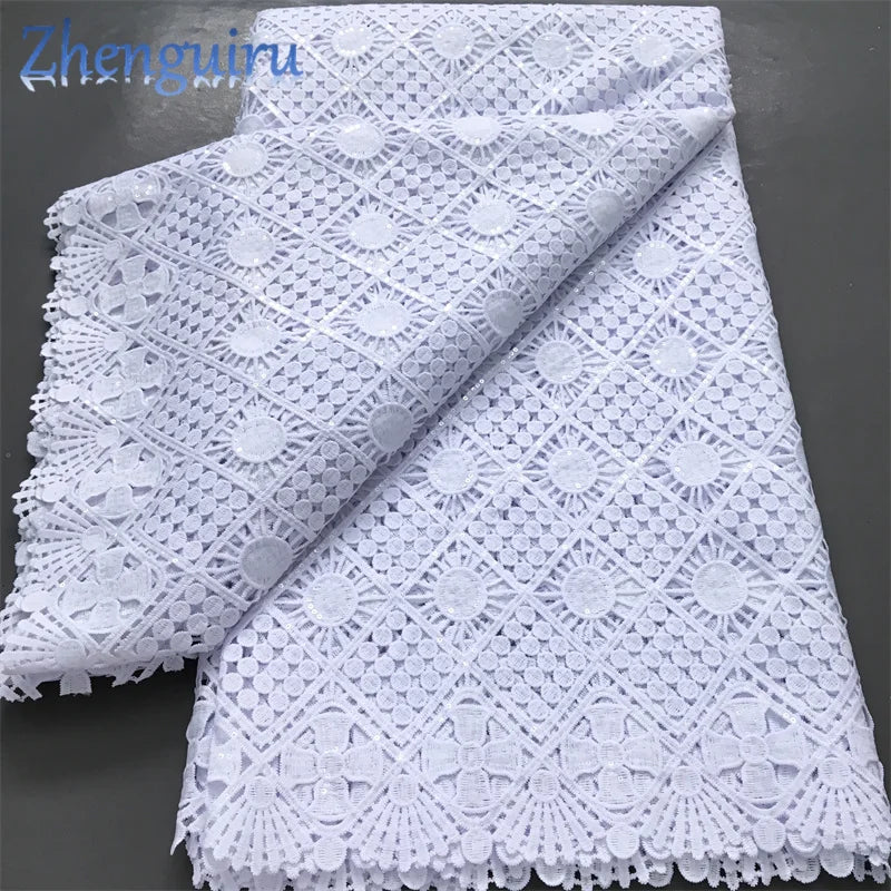 Pure White Nigerian Guipure Lace Fabric Water Soluble African Sequin Cord