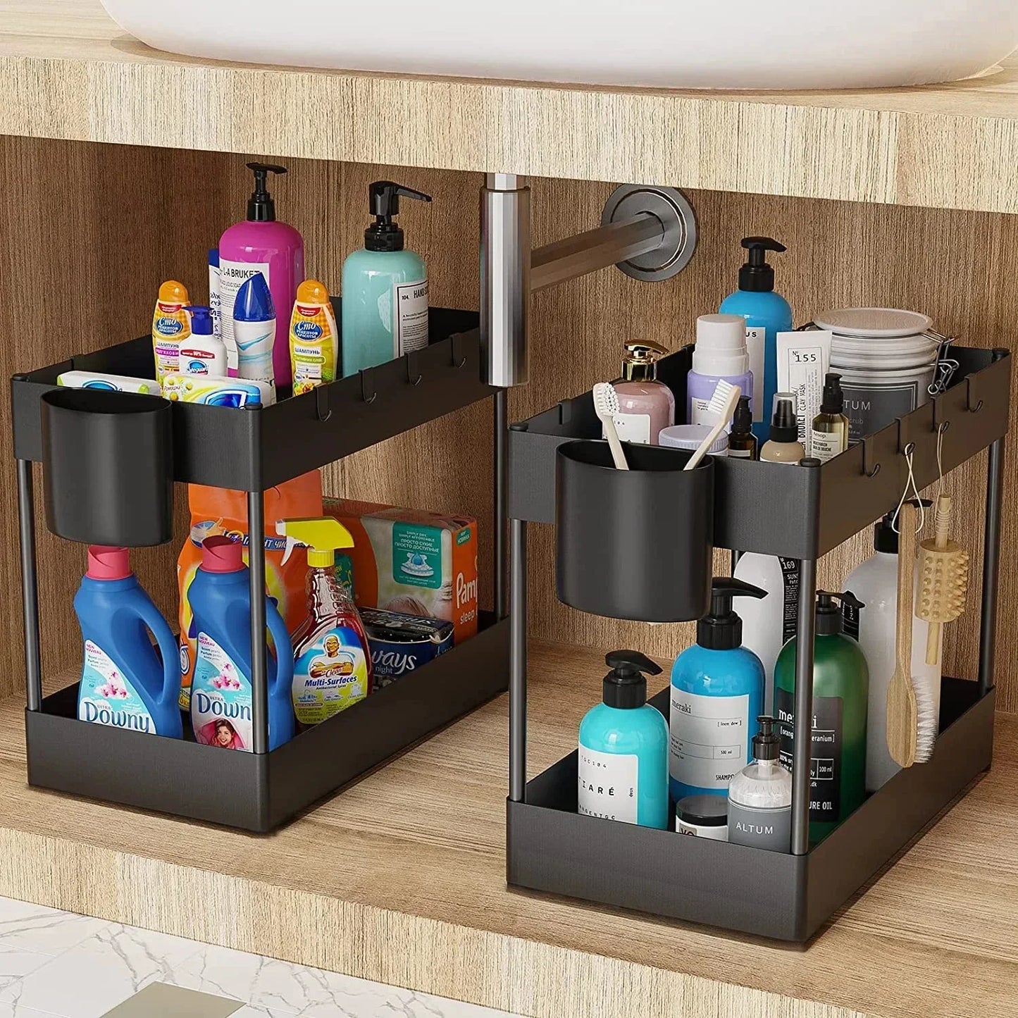 Two Tier Under Sink Sliding Cabinet Organizer Rack With Hooks