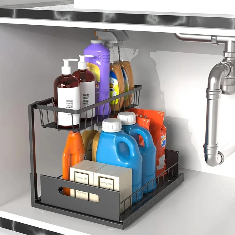 2026 New Organizador de Cocina 2-Tier Sliding Under Sink Organizer Rustproof Metal Storage for Kitchen Bathroom Cabinets Cleanin