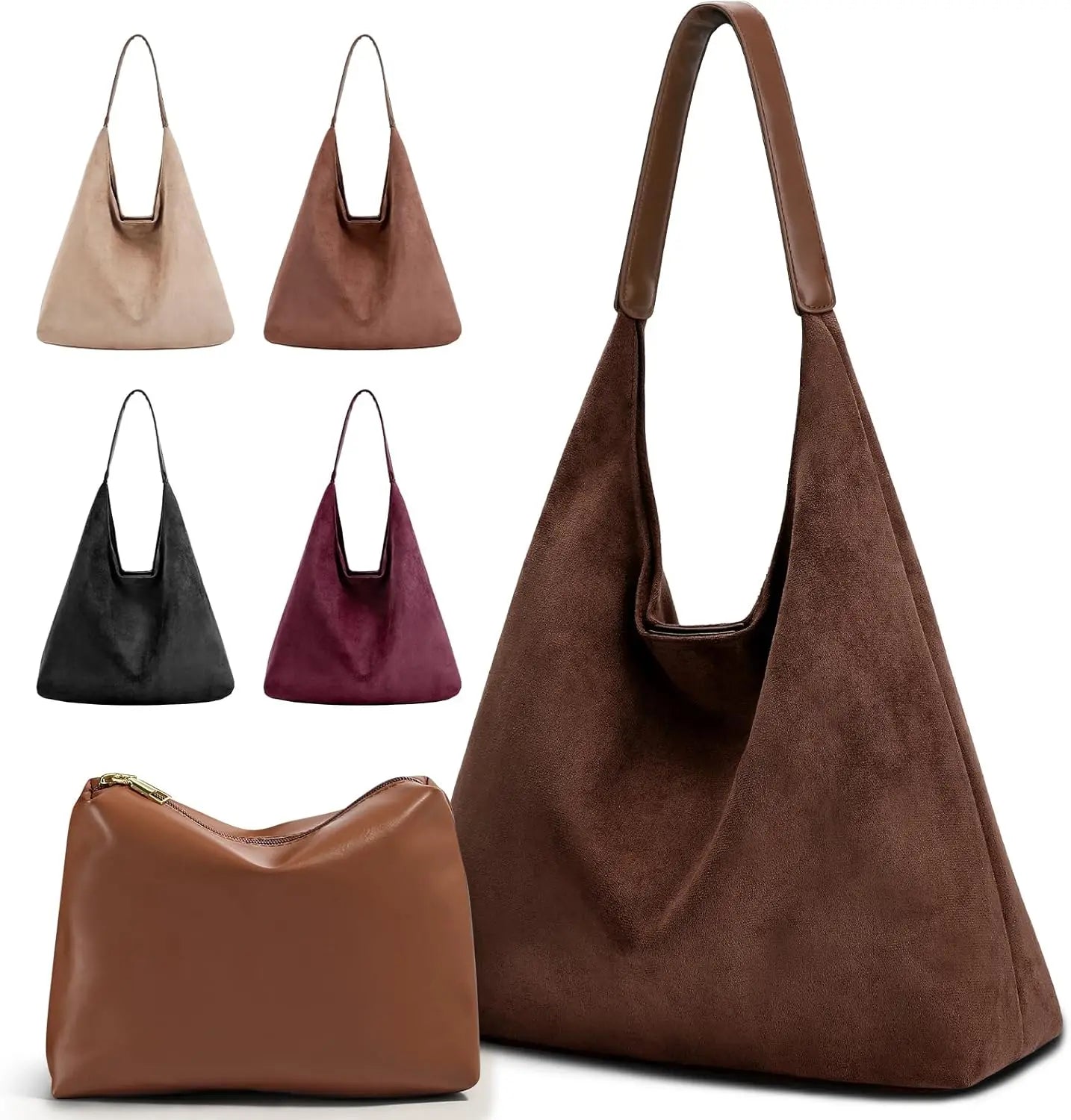 Vintage Suede Tote Bag For Women With Zippered Cosmetic Organizer