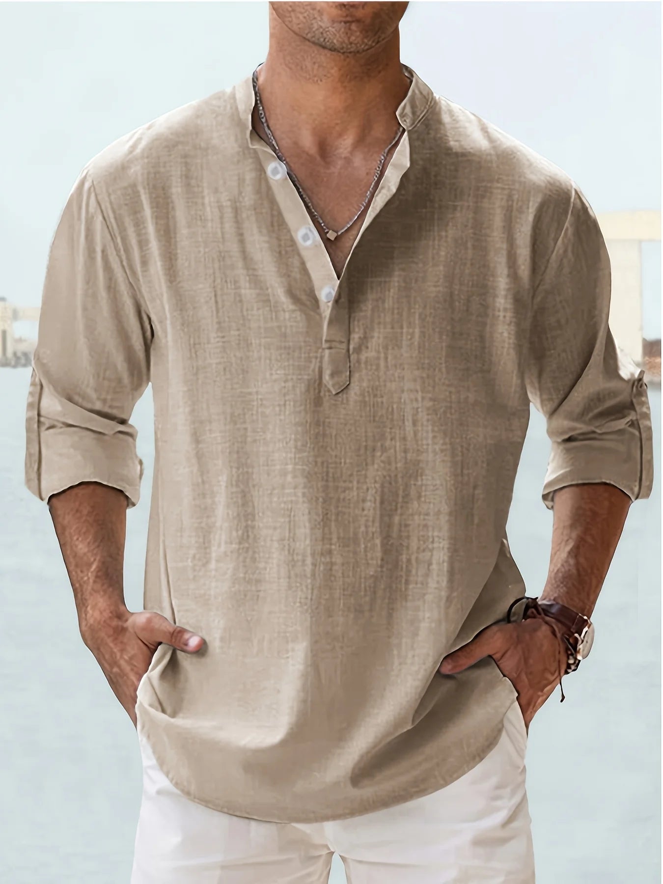 Men's Linen Cotton Long Sleeve Stand Collar Casual Shirt