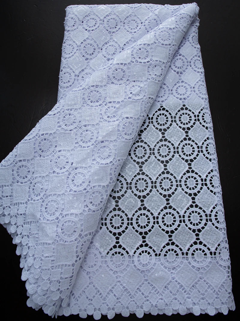 Pure White Nigerian Guipure Lace Fabric Water Soluble African Sequin Cord