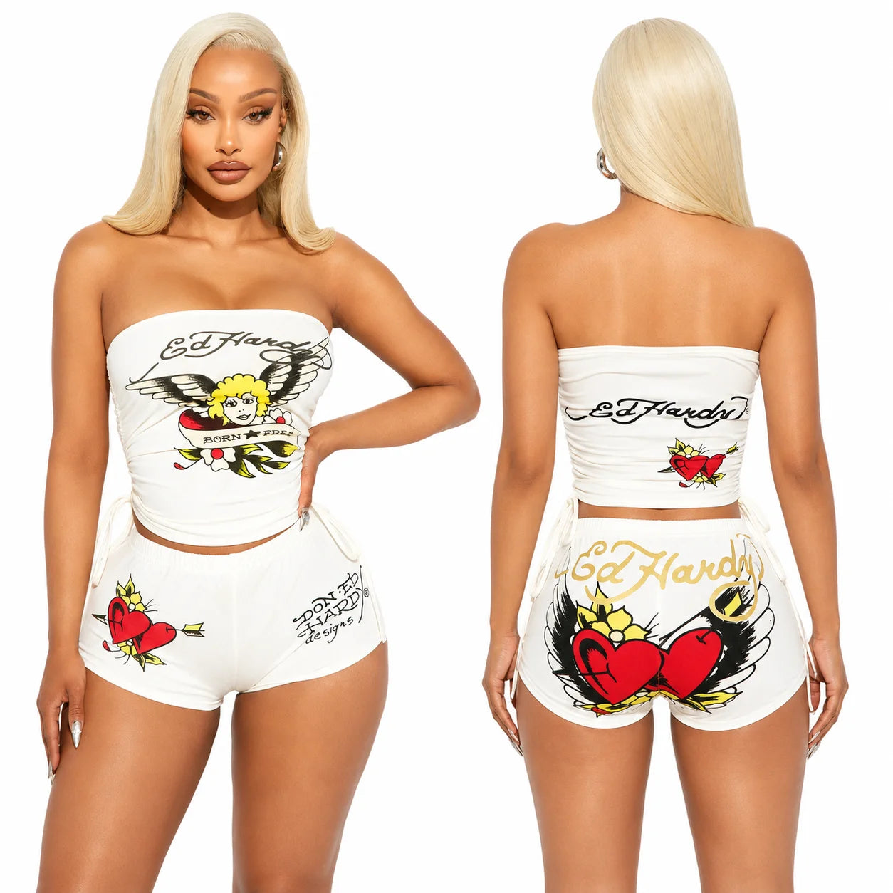 English: Women 2 Piece Y2K Outfits Vintage Tattoo Graphic Strapless Tube Top High Cut Shorts Set Adjustable Drawstring Ruched Crop Top Casual Going Out Tracksuit