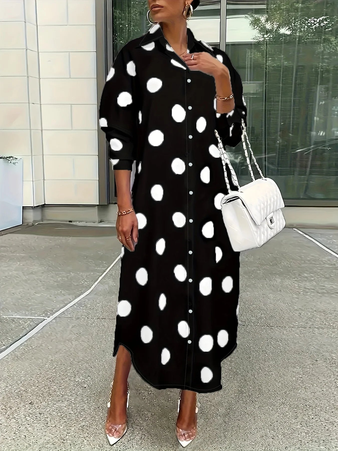 Women Polka Dot Lapel Single Breasted Midi Shirt Dress