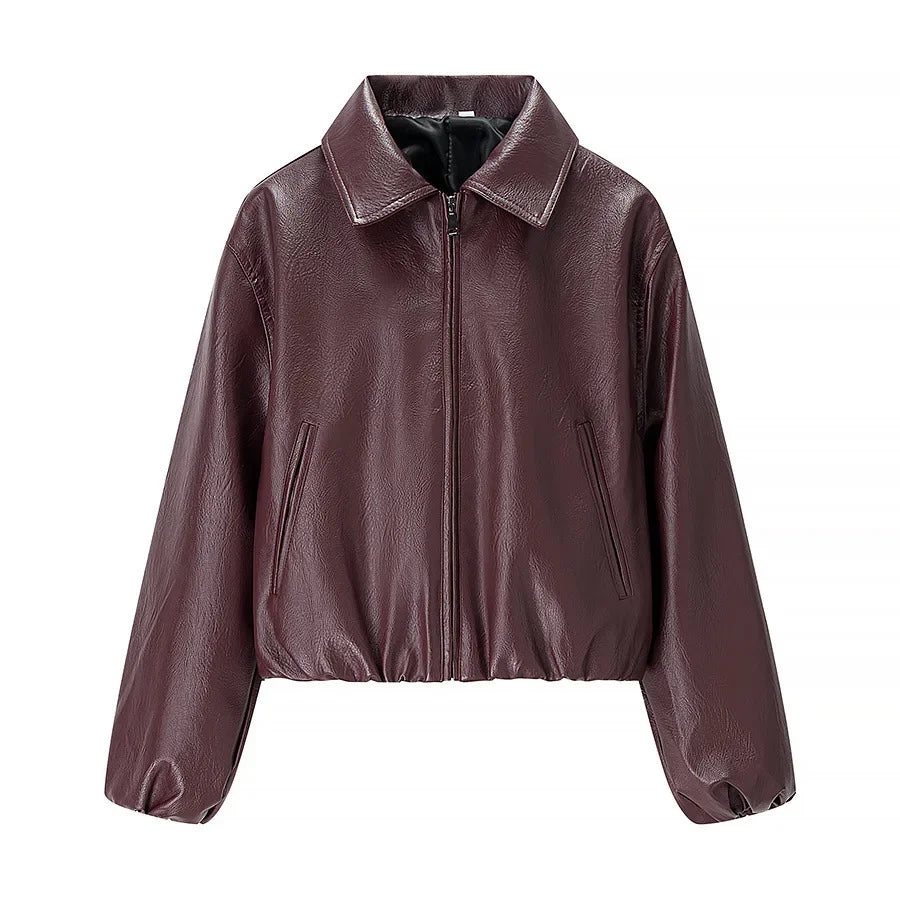 Women's Relaxed Leather Jacket With Long Sleeves And Turn-Down Collar