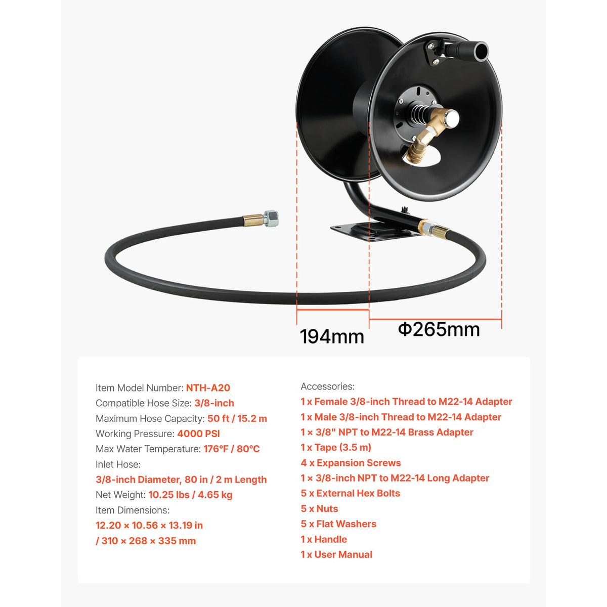 SucceBuy Steel Pressure Washer Hose Reel With Manual Hand Crank