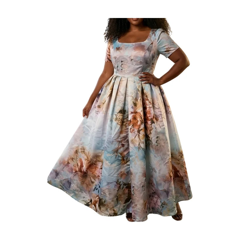 Women's Square Neck Short Sleeve Printed Pleated Swing Maxi Dress For Big Size Wedding Guest Evening Party Daily Fashion Occasions