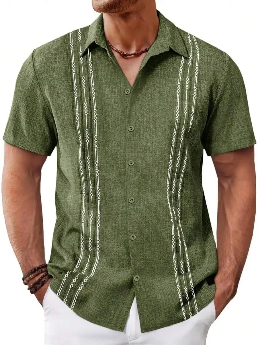 Mens Short Sleeve Button Up Shirt Casual Embroidered Linen Blend Summer Beach Wedding