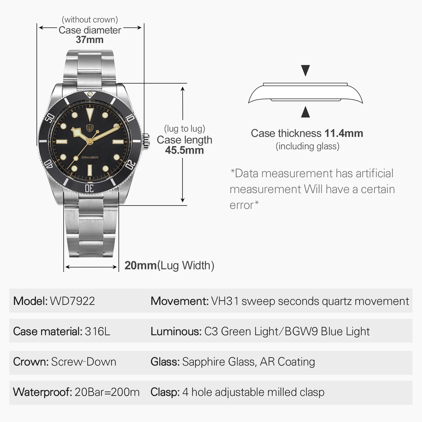 Watchdives WD7922 Vintage Quartz 200M Waterproof Mens Luxury Watch