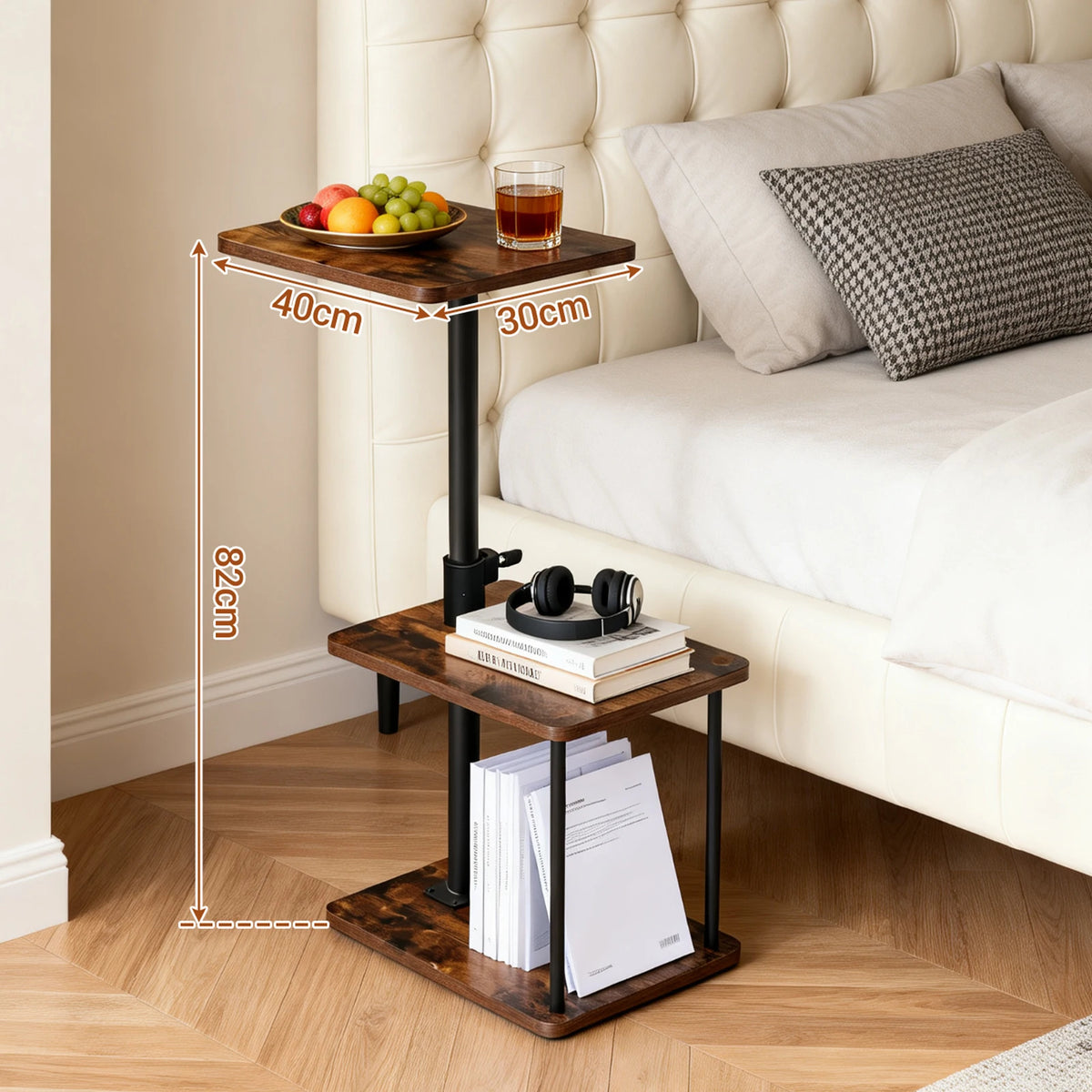 Adjustable Height 360° Swivel C Shaped Side Table With 3 Tier Storage, Space Saving Sofa Bed Laptop Table, Home Office Bedroom