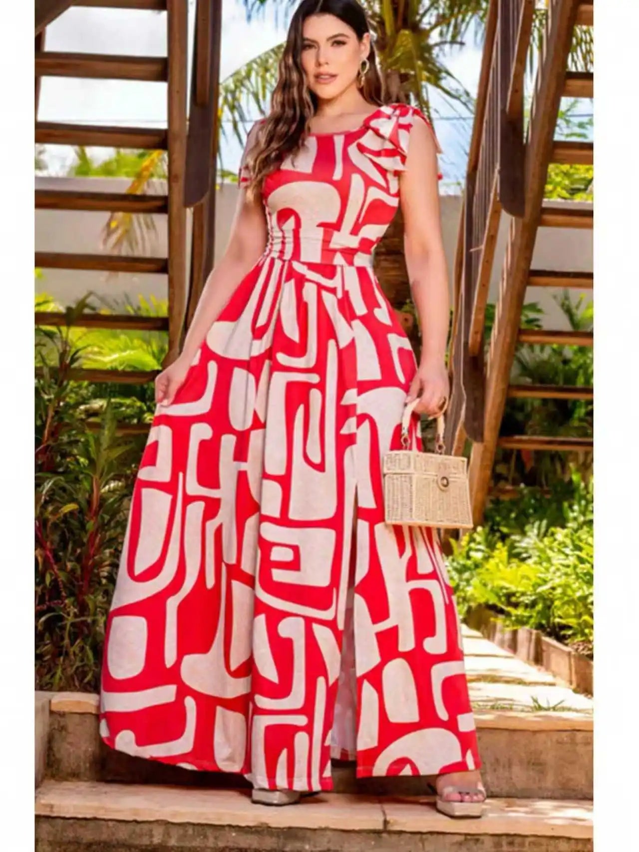 Geometric Print Sleeveless Maxi Dress With Decorative Bow