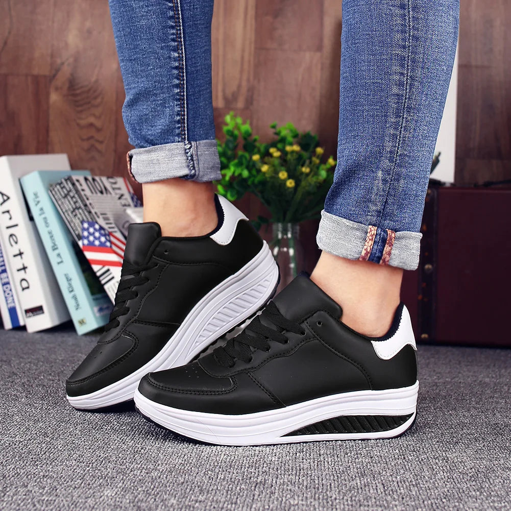 Women Leather Platform Swing Wedge Sneakers Lace Up Non Slip Thick Rocker Bottom Lightweight Walking Shoes Fashion Daily Outdoor Casual Sports Footwear 2026 New Arrival