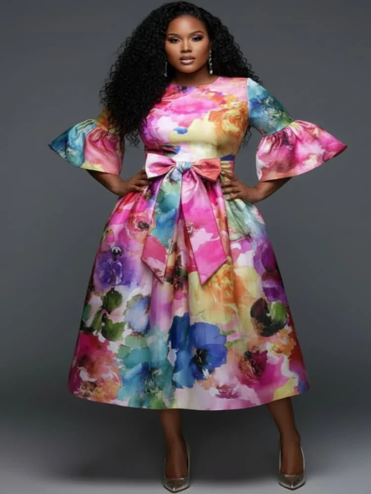 Plus Size Round Neck Flare Sleeve Bow Waist Midi Dress For Women Formal Party Banquet Wedding Guest A Line Swing Dress