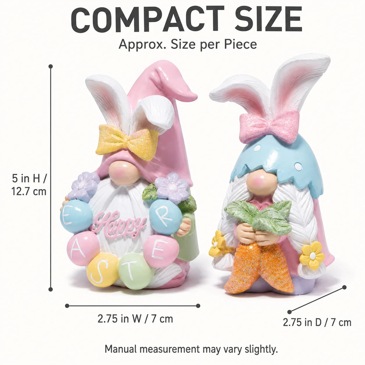 Hodao 5in Easter Gnome Figure Set, Premium Resin Bunny Gnomes with Glitter Bows, Pastel Eggs, Flowers and Sparkle Carrot, Cute Collectible Spring Decor for Tabletop Shelf Mantel Living Room Tiered Tray, Easter Party Home Deco