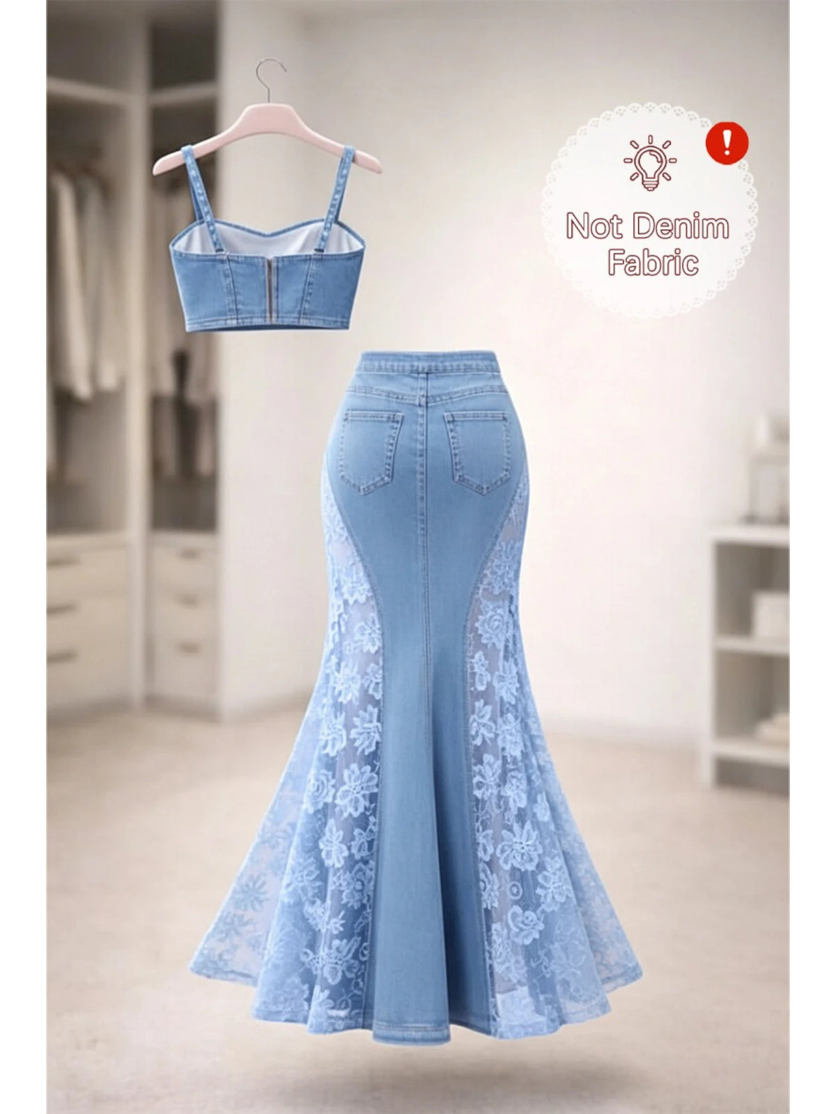 Women Spaghetti Strap Crop Top And High Waist Mermaid Maxi Skirt Two Piece Outfit Party Vacation Matching Suit