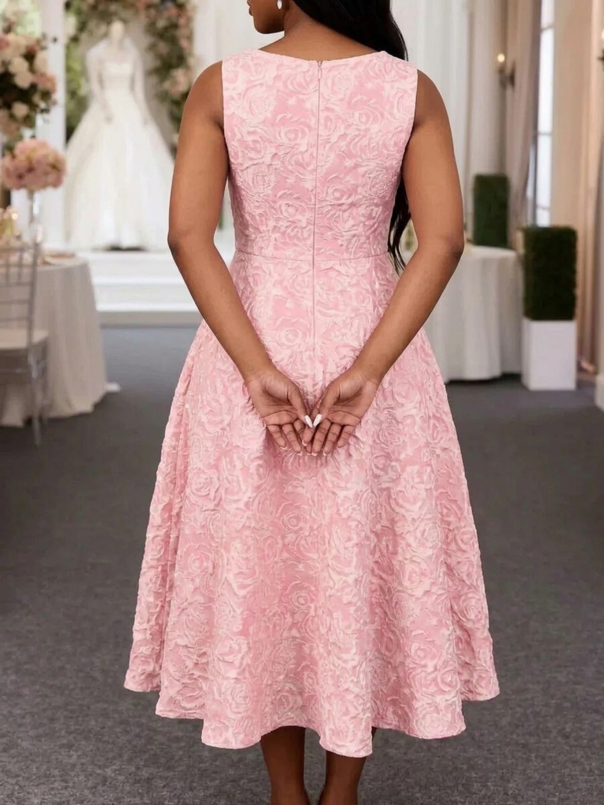 Women Plus Size V Neck Sleeveless Big Bow Decor Midi Dress Elegant A Line Flared Dress For Wedding Guest Formal Occasion