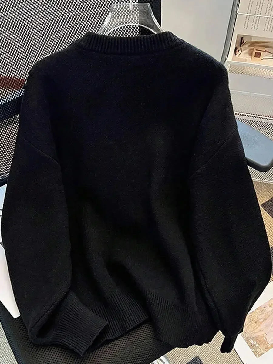 Womens Red Loose Knit Sweater With Striped Scarf Collar Casual Long Sleeve Crew Neck Autumn Winter