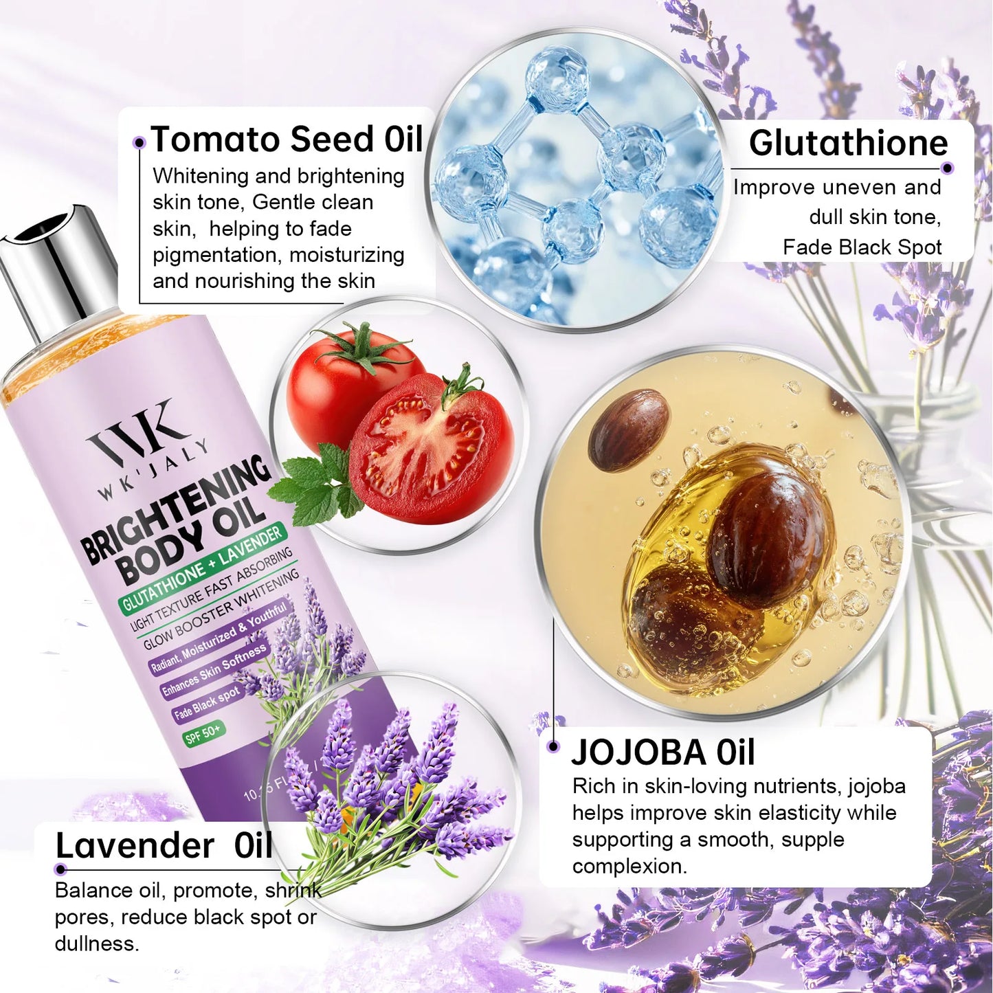 WK JALY Lightening Body Oil, Deeply Moisturizing, Hydration, Smooth Skin, Reduce Spots, Melanin, for Dark, Black, Caramel Skin