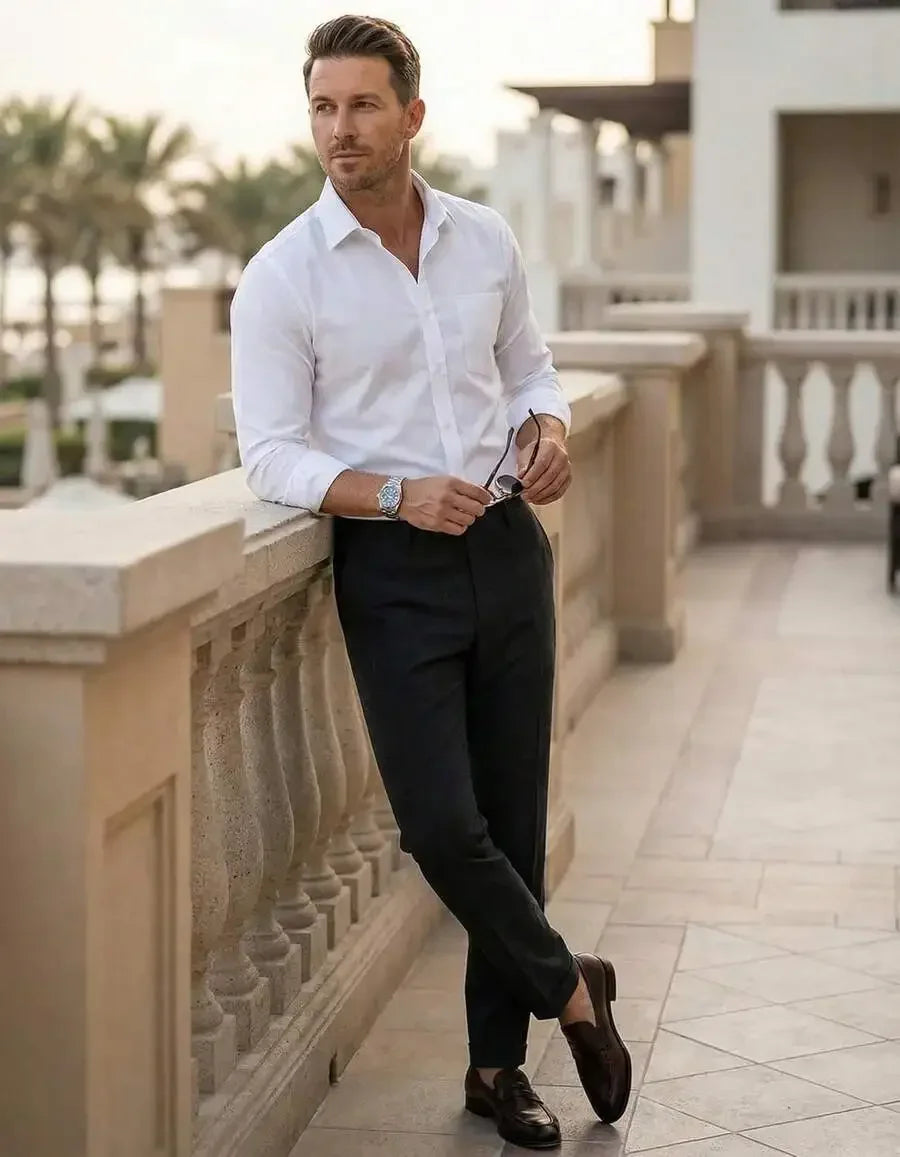 Mens Slim Fit Solid Color Pointed Collar Button Down Shirt