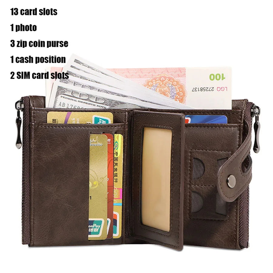 Men's Chain Wallet RFID Anti-Theft Men's Retro Leather Wallet Double Zipper Coin Purse Credit Card Holder for Men and Women