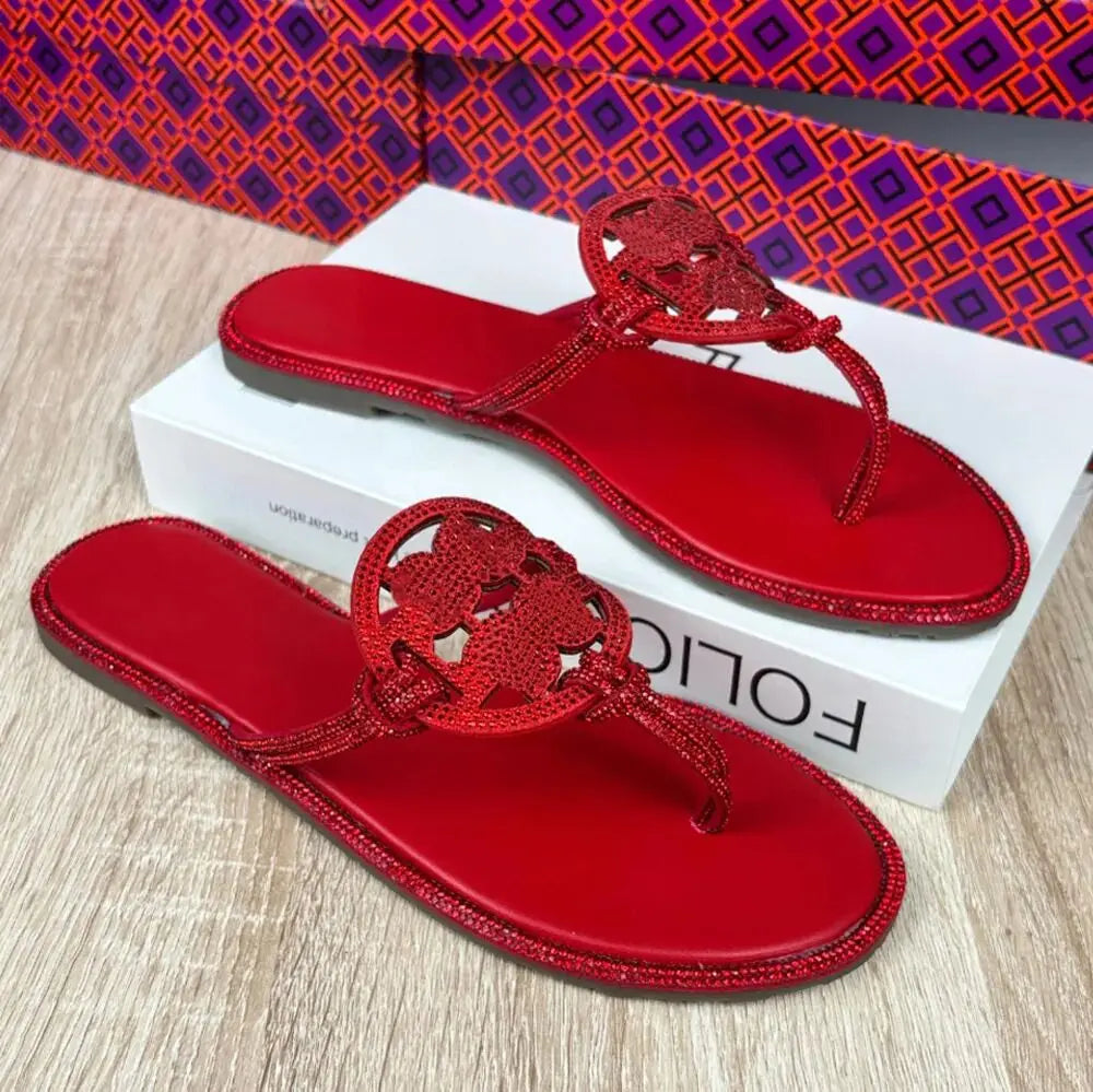 Luxury Brand Famous Designer Flat Sandals for Summer Wear Low-heeled Bohemian Beach Shoes Flip-flops Correct Version Slippers