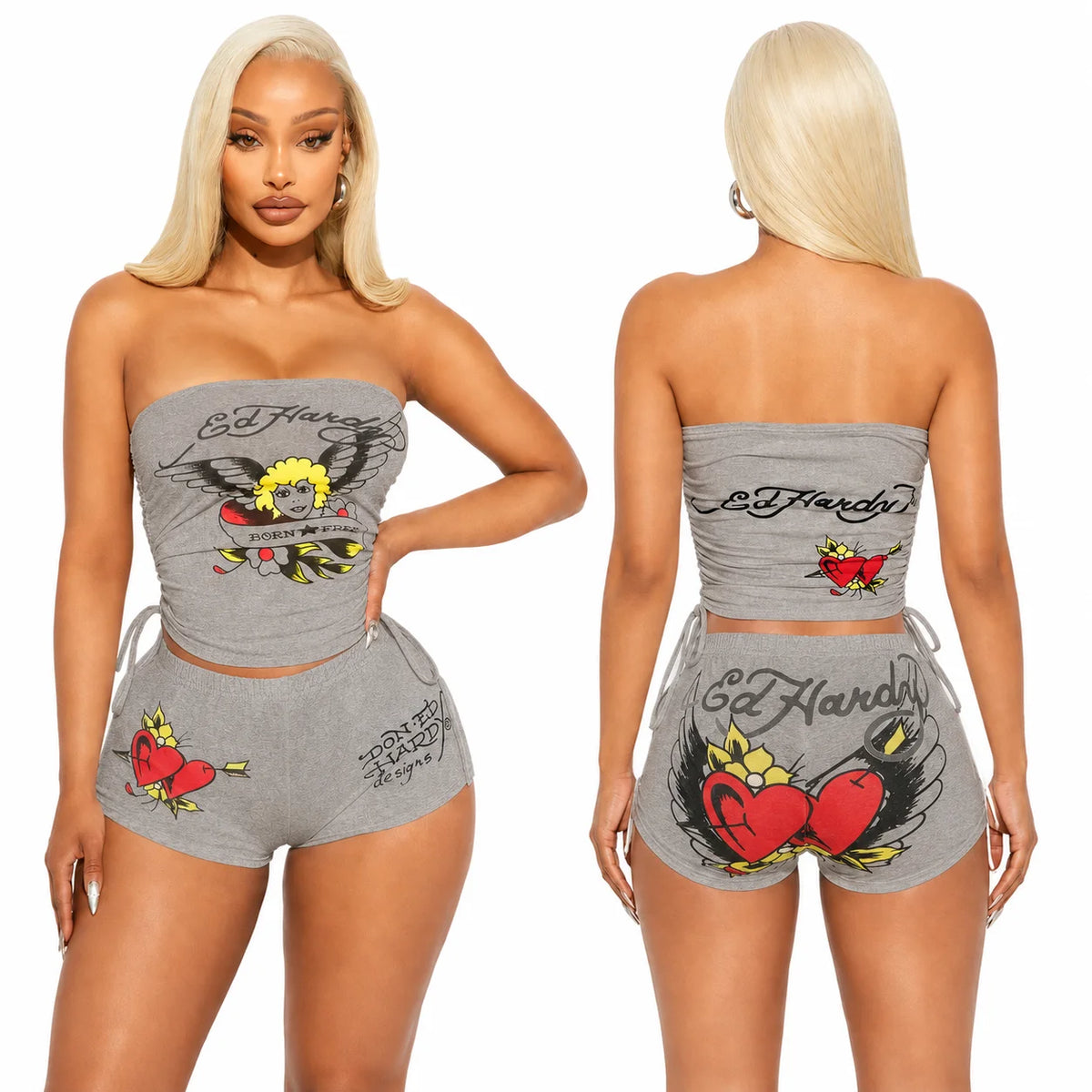 English: Women 2 Piece Y2K Outfits Vintage Tattoo Graphic Strapless Tube Top High Cut Shorts Set Adjustable Drawstring Ruched Crop Top Casual Going Out Tracksuit
